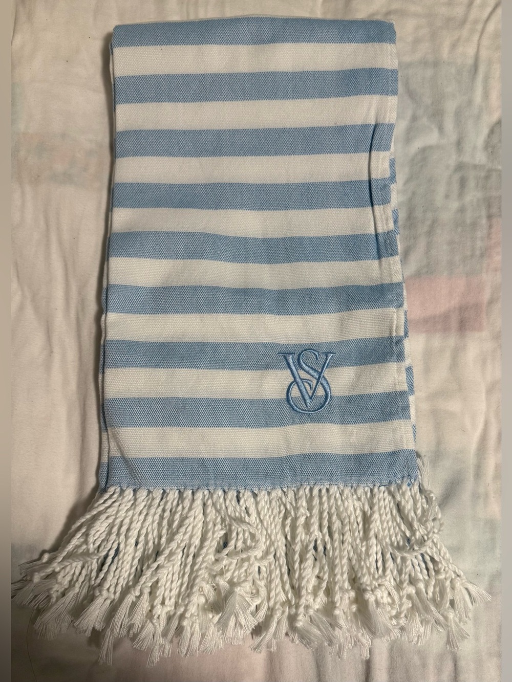 Victoria Secret Beach Blanket Cream and Blue Striped with fringe! NEW - Picture 7 of 7
